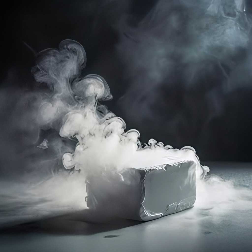 Block of dry ice creating fog on a black background.