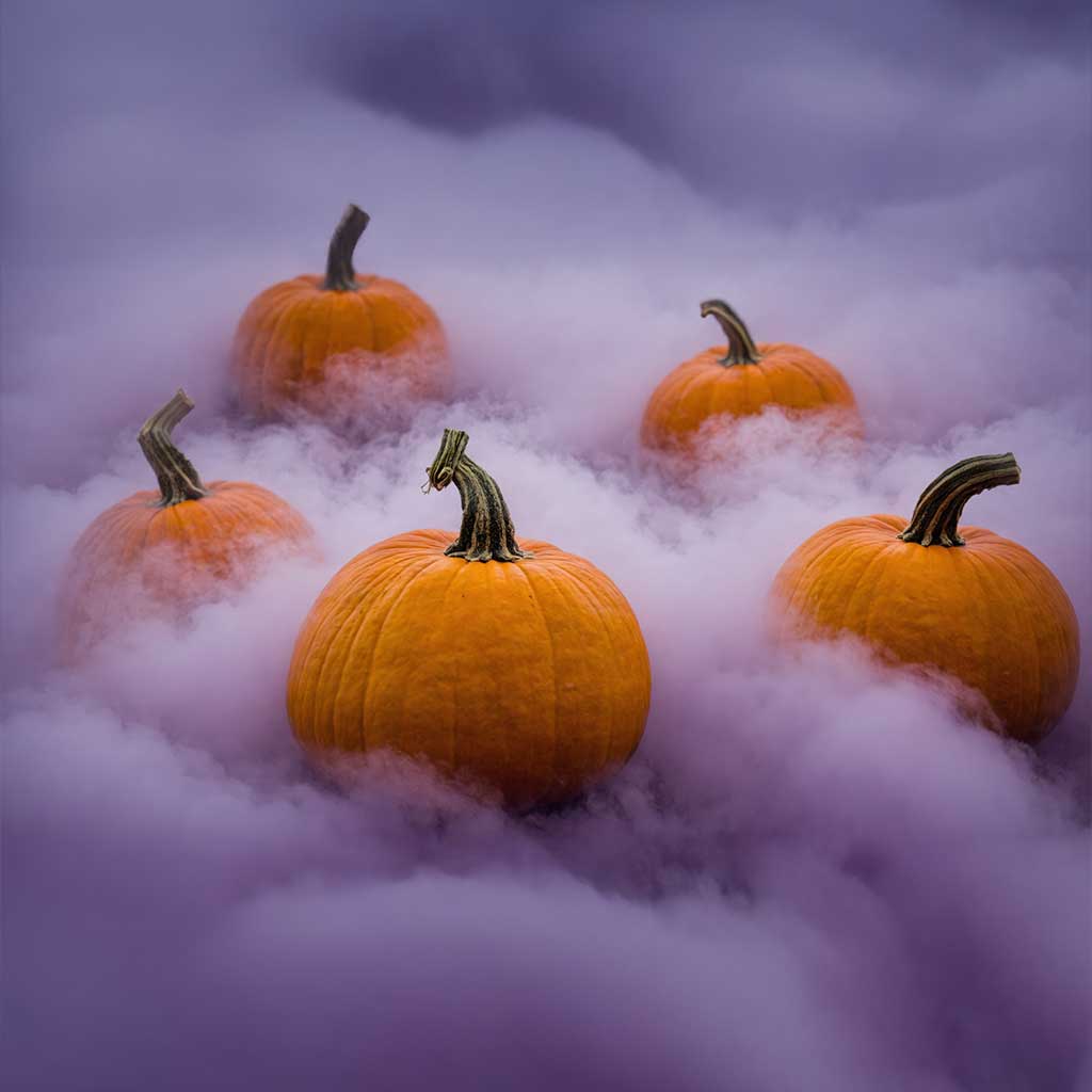 Dry ice creating a spooky fog effect in a group of pumpkins.