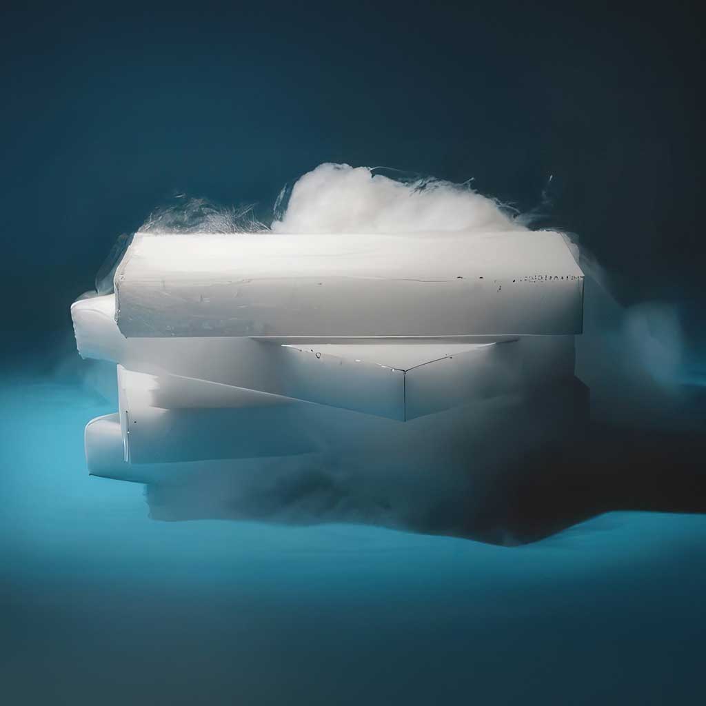 Blocks of dry ice smoking on a teal background.